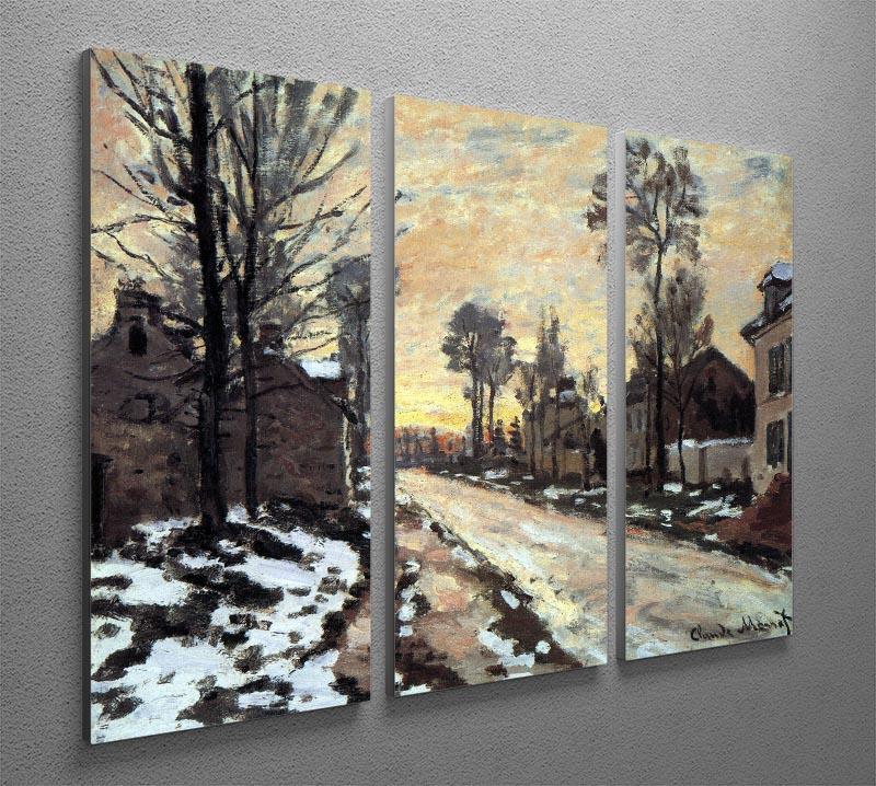 Three-panel canvas art featuring Monet's Road to Louveciennes with children playing in the snow at sunset.